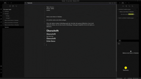 Dieses GIF zeigt die Anzeige der Gliederung in der rechten Seitenleiste in Obsidian.