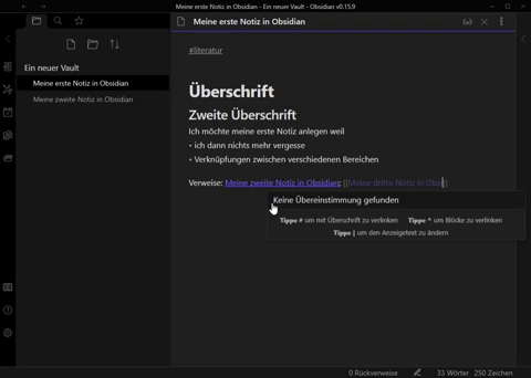 Obsidian: Anleitung Link zu neuer Notiz einfügen