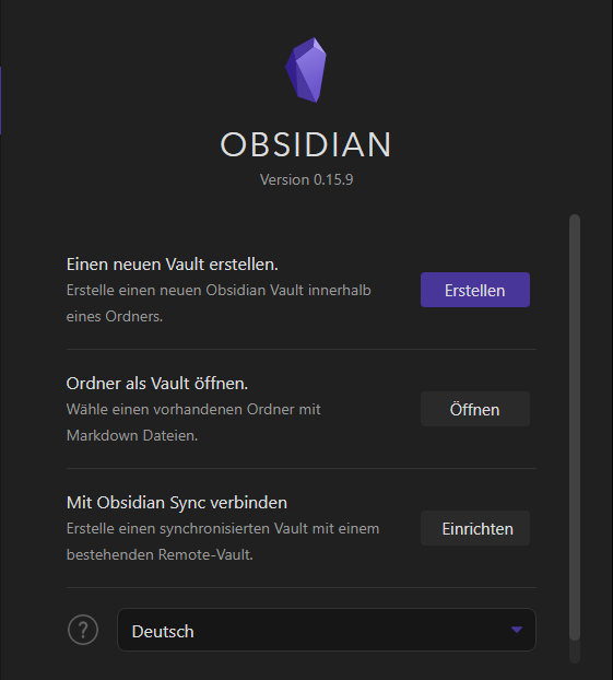 Obsidian Startansicht nach der Installation