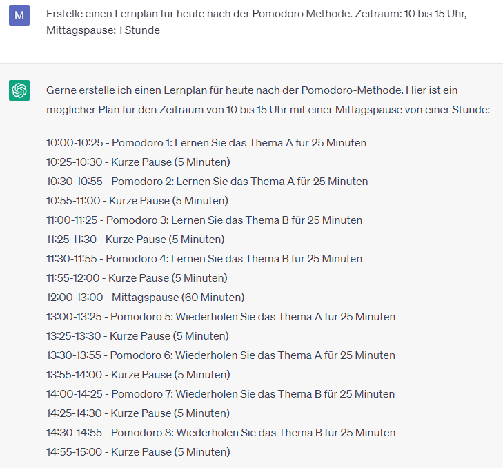 Pomodoro Plan mit ChatGPT erstellen