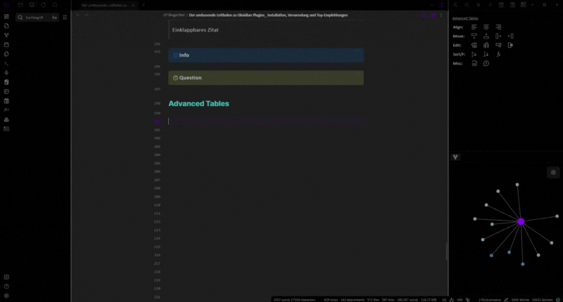 Das GIF zeigt, wie eine kleine Tabelle in einer Obsidian Notiz mit Advanced Tables angelegt wird.