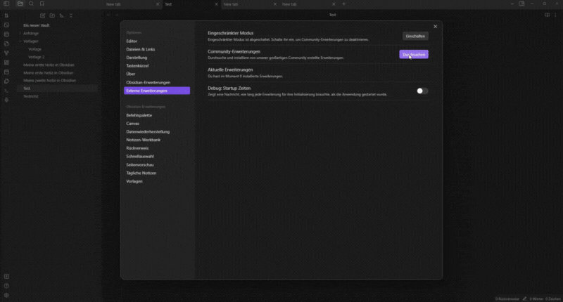 Das GIF zeigt die Suche nach dem Plugin Dataview im Obsidian Plugin Browser. Nach dem Klick auf das Plugin erscheint die Detailseite. Von dort aus kann das Plugin direkt installiert werden.