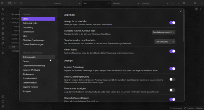 Das GIF zeigt die Aktivierung von Community Plugins in Obsidian. In den Obsidian Einstellungen wird zu den externen Erweiterungen navigiert und dort der Button "Community-Erweiterungen aktivieren" geklickt. Anschließend Navigation über den Button "Durchsuchen" zur Plugin-Liste.