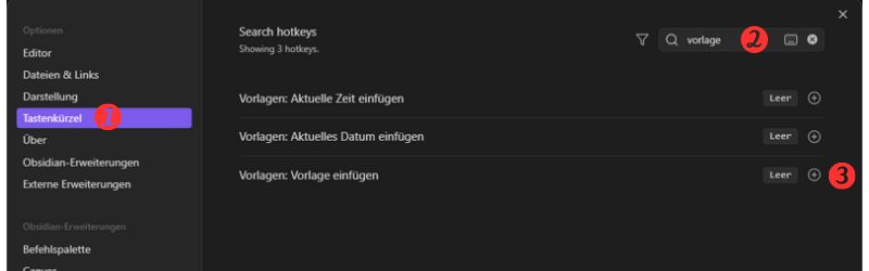 Das Bild zeigt einen Screenshot der Einstellungsansicht "Tastenkürzel" mit einem Filter auf Vorlage und der Empfehlung, eine Tastenkombination für die Funktion "Vorlage einfügen" zu vergeben
