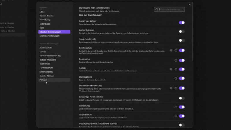 Abbildungsbeschreibung: Das GIF zeigt, wie der Ordner "Vorlagen" in den Einstellungen des Core Plugins "Vorlagen" ausgewählt wird