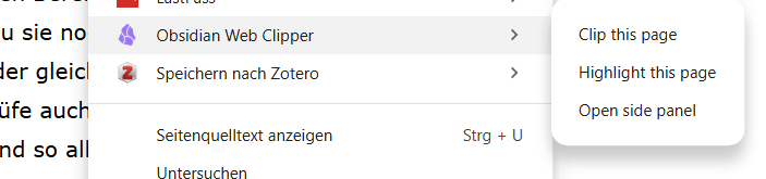 Das Bild zeigt das Kontextmenü des Obsidian Web Clippers in Google Chrome mit den Optionen "Clip this page", "Highlight this page", "Open side panel"