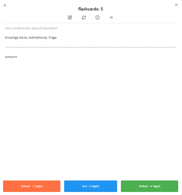 Ein Screenshot zeigt eine Benutzeroberfläche für Spaced Repetition Lernen. Oben ist der Titel "flashcards: 5". Darunter befindet sich ein Feld mit der Überschrift "Eine Lernkarte für Spaced Repetition" und dem Text "Einzeilige Karte, bidirektional, Frage". Darunter ist eine gestrichelte Trennlinie, gefolgt von dem Wort "Antwort". Am unteren Rand befinden sich drei farbige Buttons: ein oranger Button mit "Schwer - 1 Tag(e)", ein blauer Button mit "Gut - 3 Tag(e)", und ein grüner Button mit "Einfach - 4 Tag(e)". Oben rechts ist ein Symbol zum Schließen.