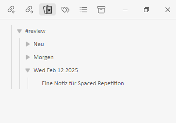 Ein Screenshot zeigt eine Benutzeroberfläche mit einem hierarchischen Notizsystem. Oben sind Symbolschaltflächen für Aktionen wie Verlinken und Löschen. Darunter gibt es einen Eintrag "#review" mit drei aufgeklappten Untereinträgen: "Neu", "Morgen", und "Wed Feb 12 2025". Unter dem letzten Eintrag befindet sich die Notiz "Eine Notiz für Spaced Repetition". Am oberen rechten Rand ist ein Schließen-Symbol.