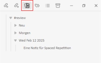 Das Bild zeigt die Überprüfungswarteschlage des Plugins Spaced Repetition in Obsidian. Dort werden die Notizen mit dem Tag review und den jeweiligen Tagen zur Wiederholung angezeigt.