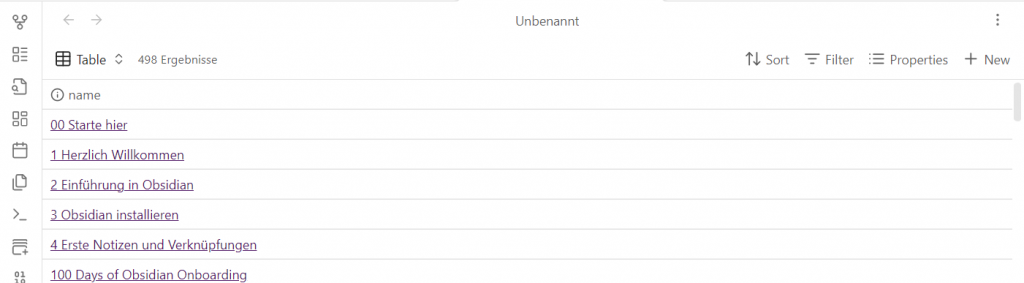 Screenshot einer Obsidian Base-Datei in Tabellenform