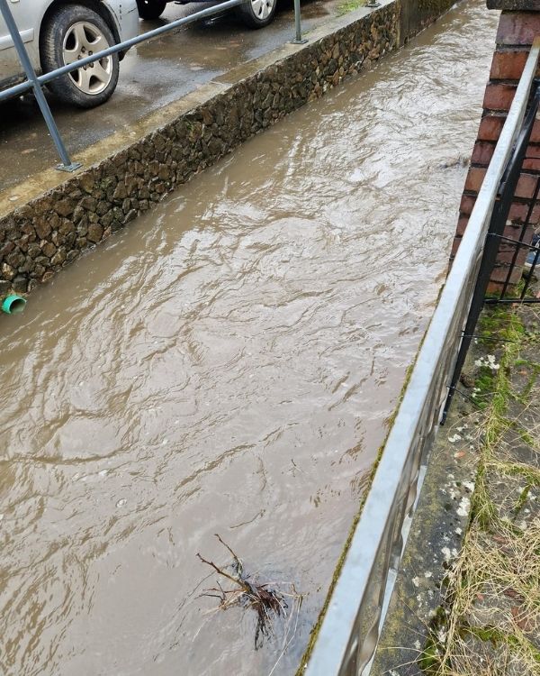 Bach mit trübem Hochwasser; links parkt ein Auto hinter einem Geländer, rechts sind eine Backsteinwand und ein Metallzaun zu sehen, im Wasser treibt ein kleiner Ast.