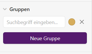 Screenshot eines Suchfelds in Obsidian. Im oberen Bereich ist die Option 'Gruppen' ausgewählt, und ein Textfeld mit dem Platzhaltertext 'Suchbegriff eingeben…' ist sichtbar. Daneben befindet sich eine Schaltfläche mit einem gelben Suchsymbol. Darunter ist ein violetter Button mit der Aufschrift 'Neue Gruppe' zu sehen.