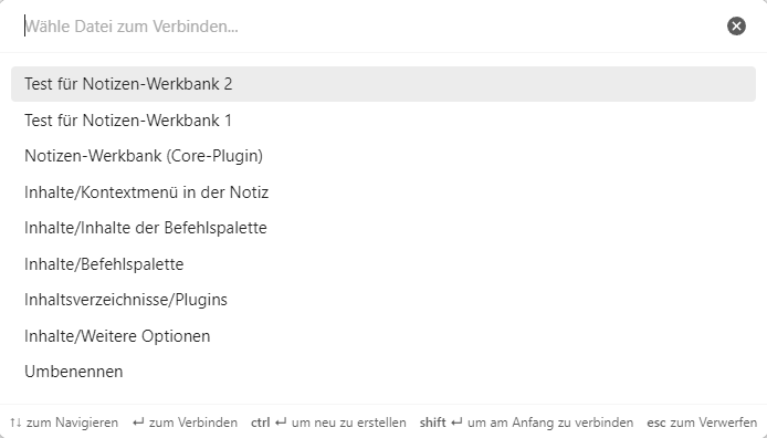 Dropdown-Menü in Obsidian mit ausgewählter Option 'Test für Notizen-Werkbank 2'. Das Menü zeigt weitere Optionen wie 'Notizen-Werkbank (Core-Plugin)', 'Inhalte/Kontextmenü in der Notiz', 'Inhalte/Inhalte der Befehlspalette', 'Umbenennen' und weitere Einträge zur Navigation und Verbindung von Elementen.