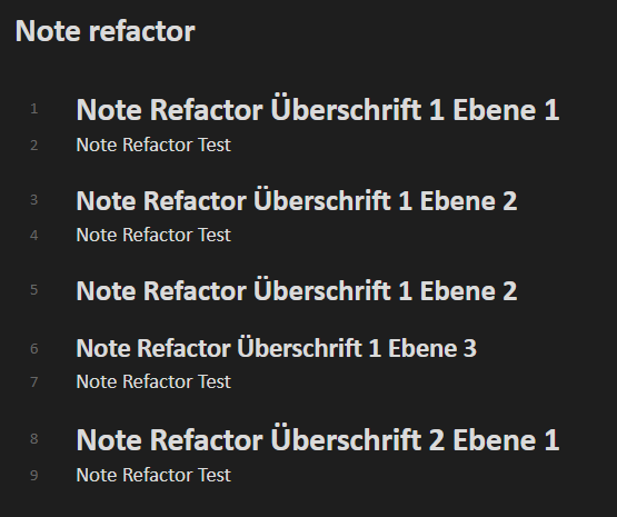 Obsidian Notiz mit dem Titel 'Note refactor', die verschiedene Einträge enthält. Die Liste zeigt mehrere Ebenen von Überschriften wie 'Note Refactor Überschrift 1 Ebene 1', 'Note Refactor Überschrift 1 Ebene 2', 'Note Refactor Überschrift 1 Ebene 3' sowie 'Note Refactor Überschrift 2 Ebene 1', unterbrochen von Einträgen mit der Bezeichnung 'Note Refactor Test'.