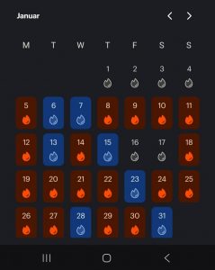 Kalenderansicht für den Januar mit farblich markierten Tagen.
4 Tage sind grau hinterlegt.
7 Tage sind mit einem blauen Wassertropfen-Symbol versehen.
Die restlichen Tage sind mit einem orange-roten Flammen-Symbol markiert.