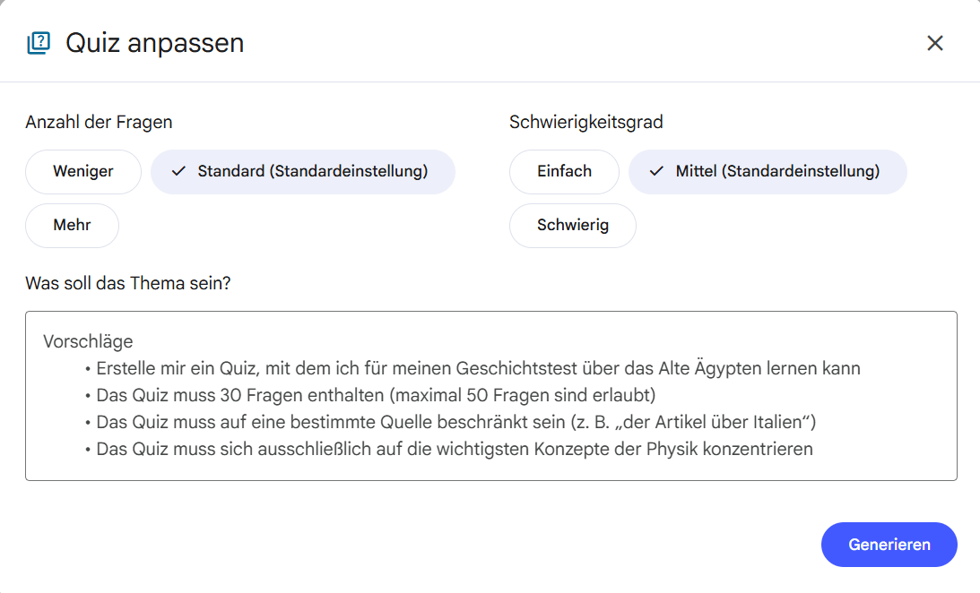 Konfigurationsmenü Quiz anpassen in NotebookLM mit Einstellungen für Fragenanzahl Standard und Schwierigkeitsgrad Mittel sowie einem Textfeld für zusätzliche Anweisungen