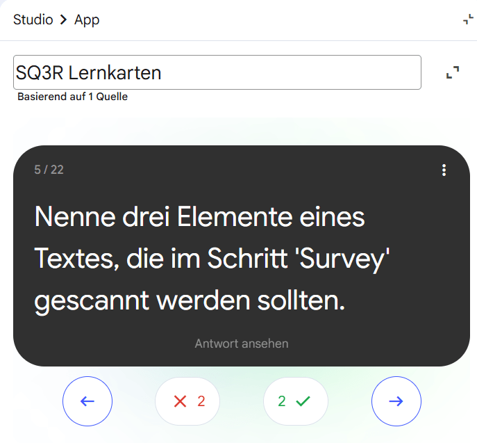 NotebookLM Karteikarte aus dem Set SQ3R Lernkarten mit sichtbarer Antwort und Erklären-Button sowie Fortschrittsanzeige mit 2 richtigen und 2 falschen Antworten