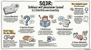 Sketchnote-Infografik der SQ3R-Lesemethode mit den fünf Schritten Survey, Question, Read, Recite und Review, erstellt mit NotebookLM, inklusive Profi-Tipps und Erweiterungen wie PQ4R- und Cornell-Methode