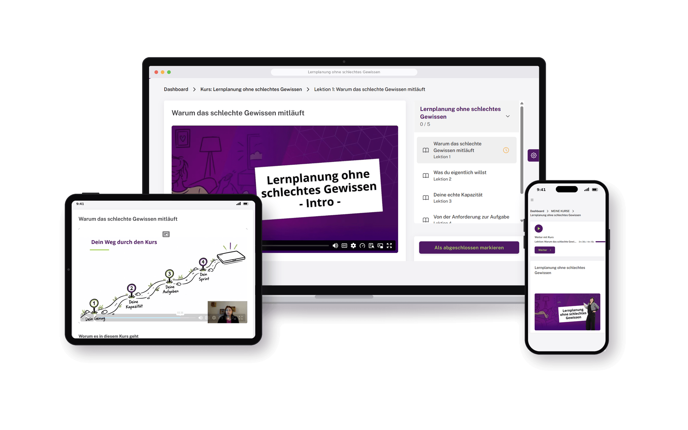Mockup: Kursplattform mit Videos und Arbeitsblättern