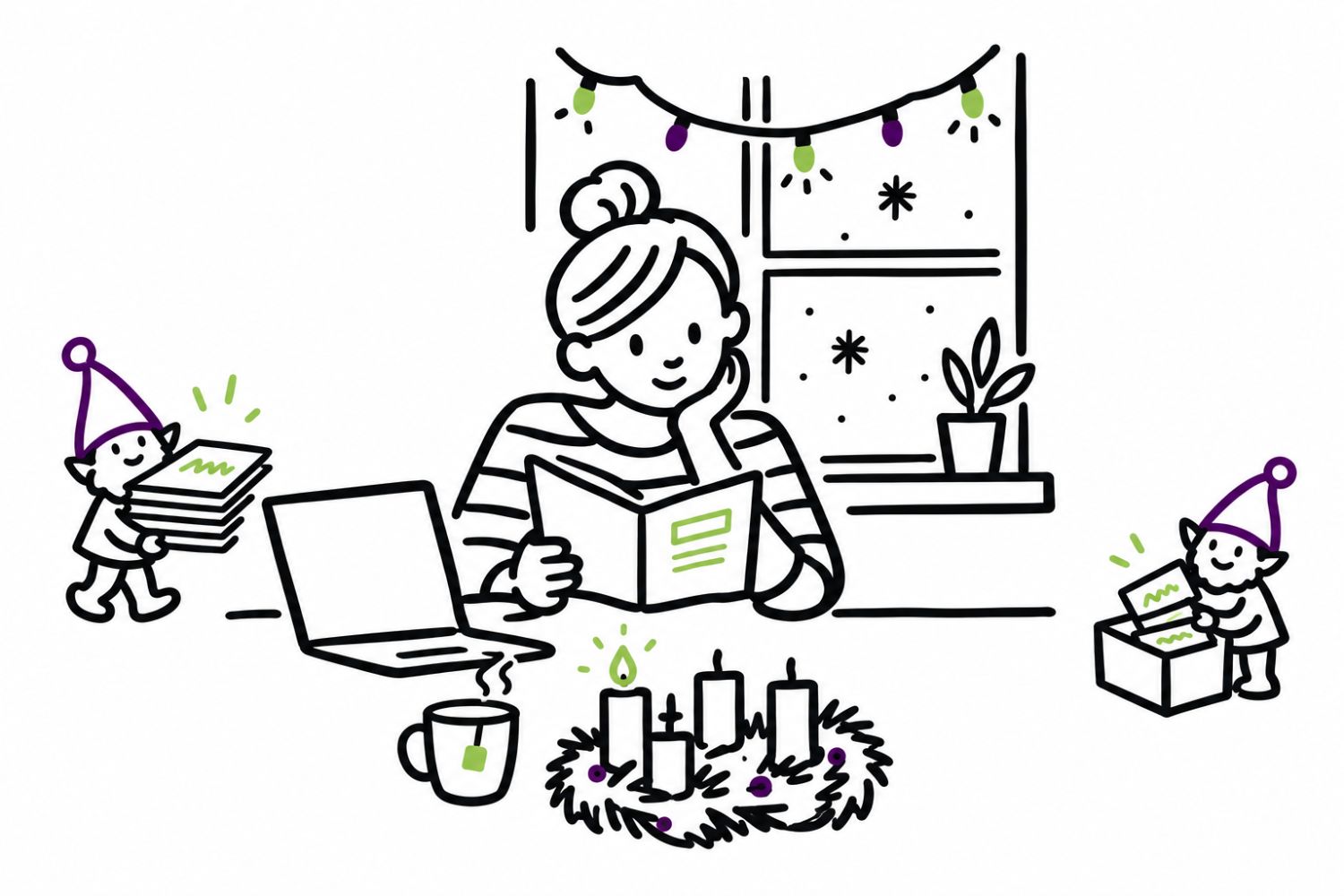 Sketchnote: Eine Frau liest entspannt in ihrem Studienheft, zwei Wichtel räumen Folien und Karteikarten für sie weg